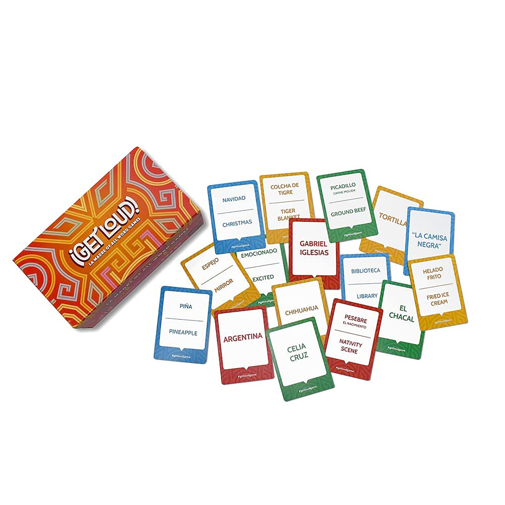 Get Loud bilingual word guessing party game with colorful box and spread of colored card decks with Spanish and English word pairs