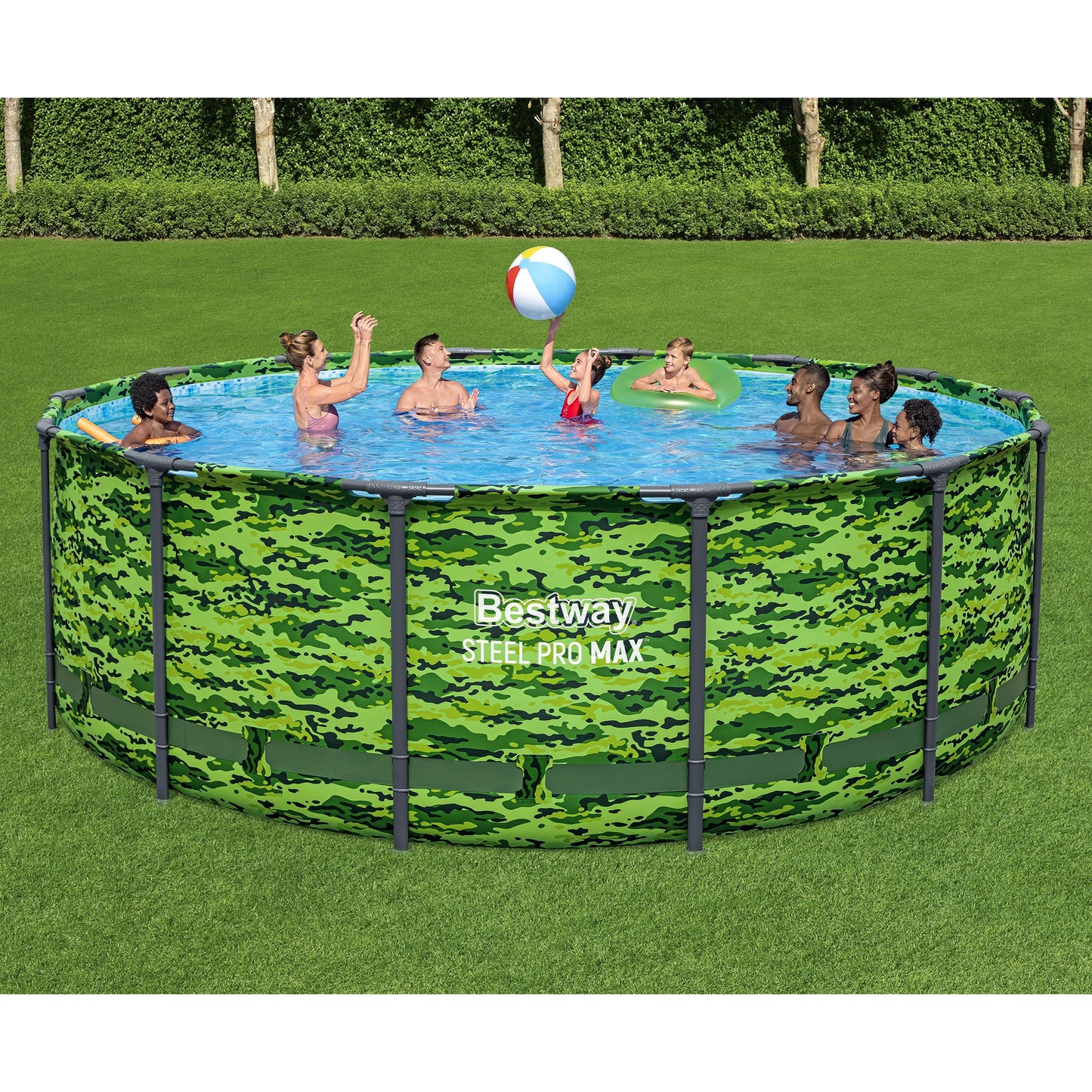 Bestway Steel Pro MAX 14' x 48" camo pool set with people playing in blue water