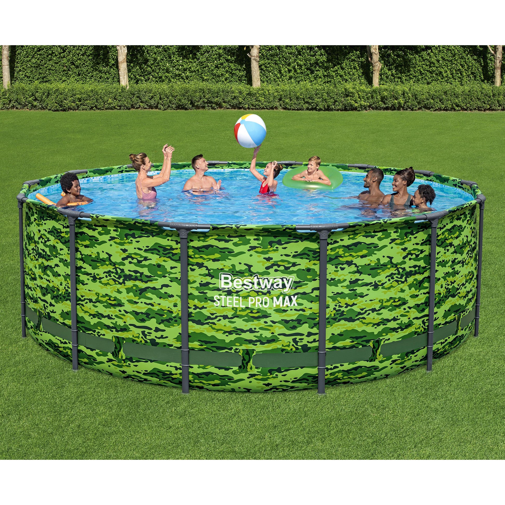 Bestway Steel Pro MAX 14' x 48" camo pool set with people playing in blue water
