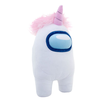 White plush character with pink fluffy hair, pink horn, and large blue oval eyes on plain background