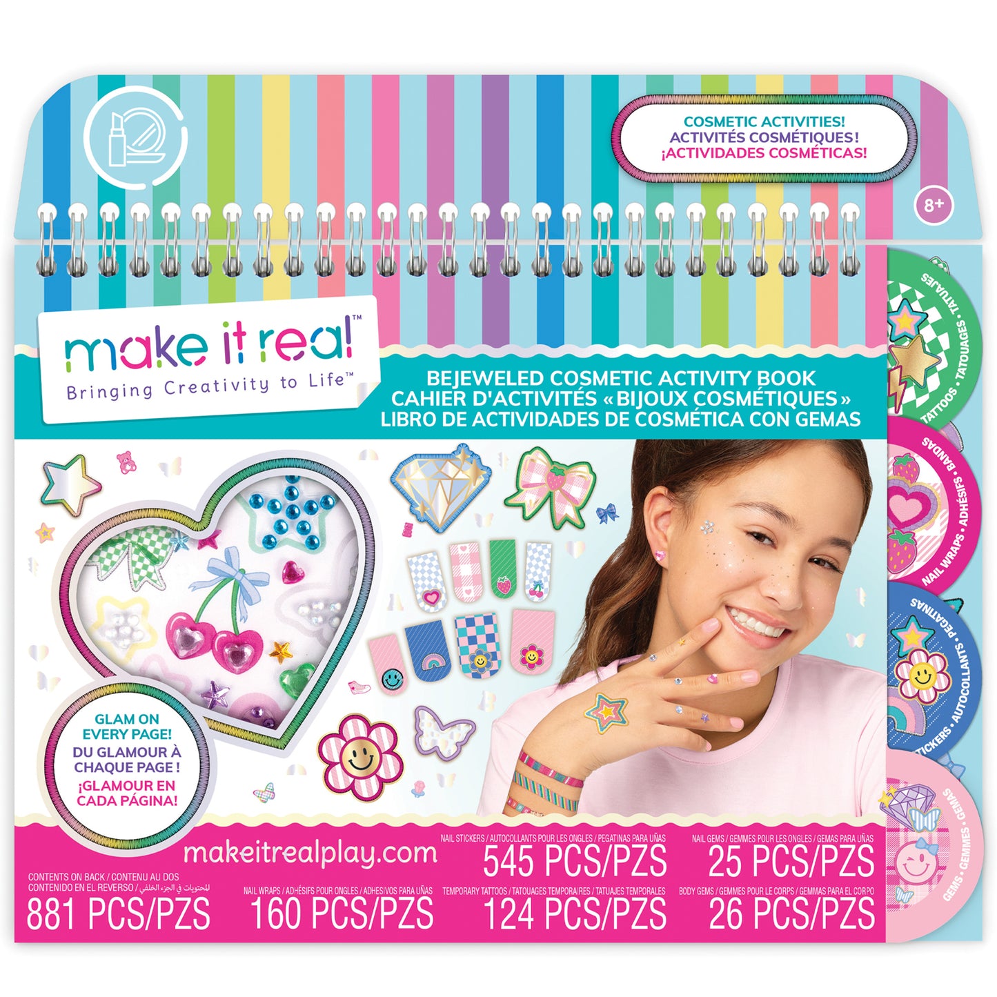 Make It Real Bejeweled Cosmetic Activity Book with colorful nail stickers, gems, and temporary tattoos, modeled by a child with decorated nails and face gems