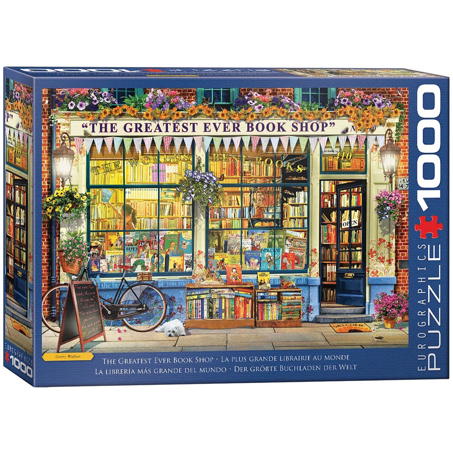 Eurographics 1000 Piece Puzzle: The Greatest Ever Book Shop featuring colorful storefront with books and flowers
