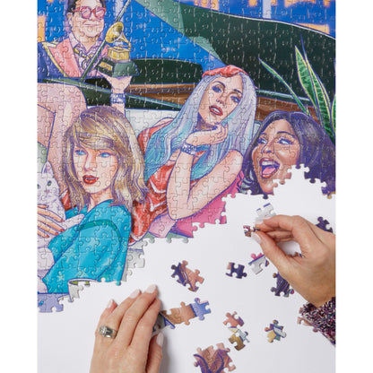 JOS 1000 Piece Puzzle - A Night In featuring colorful illustrated women with vibrant blue, pink, and purple tones
