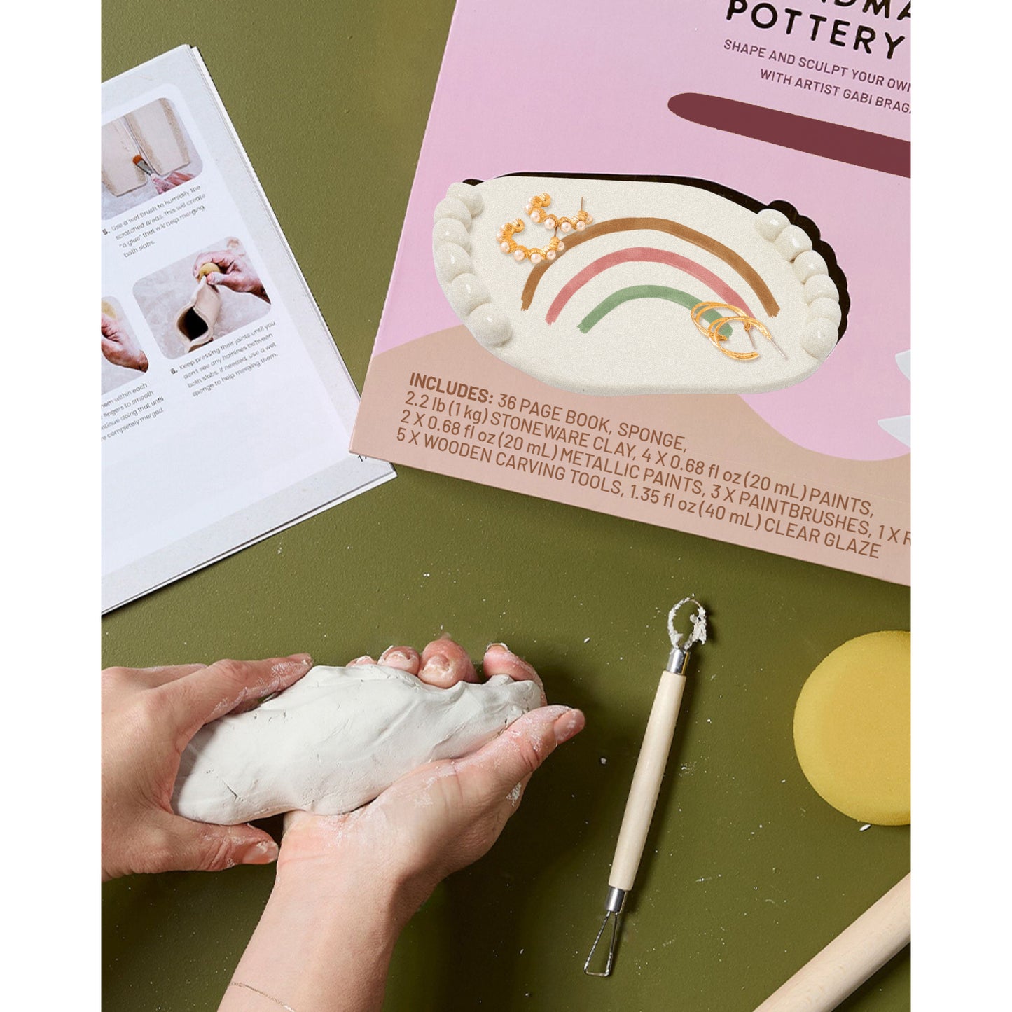 JOS Handmade Pottery Kit with clay, tools, and painted ceramic dish with rainbow design