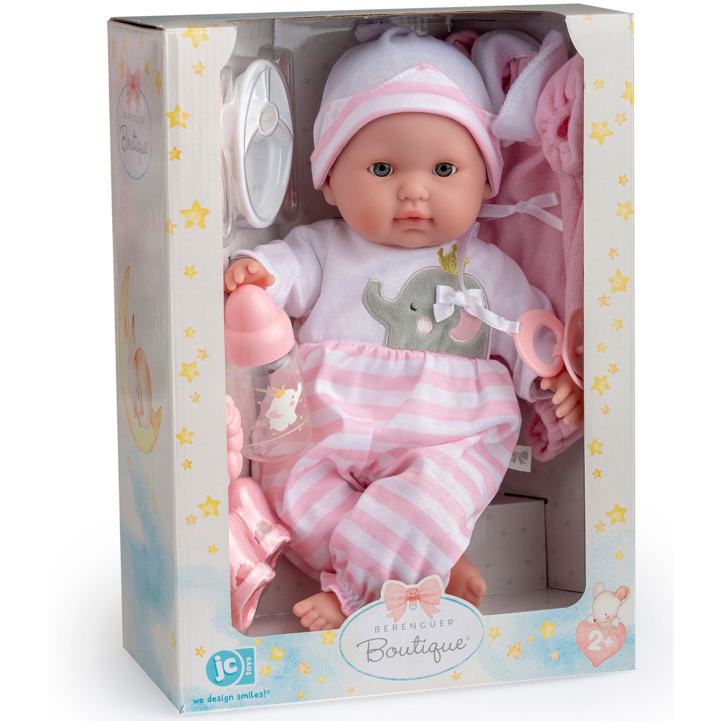 JC Toys Berenguer Boutique 15 inch baby doll with pink outfit, hat, and accessories set