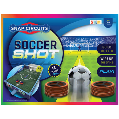 Snap Circuits Soccer Shot STEM game with field, soccer ball, and orange wire components for ages 7+