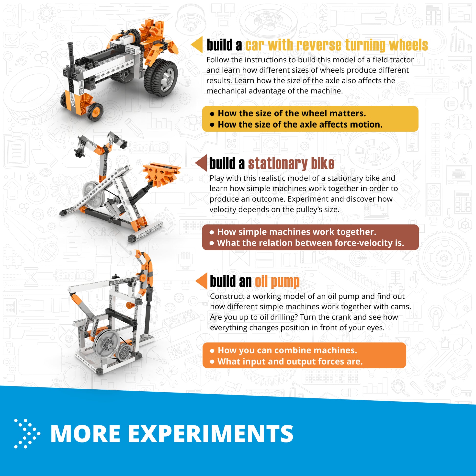 Engino Simple Machines building set with orange and gray pieces showing car, bike, and oil pump models