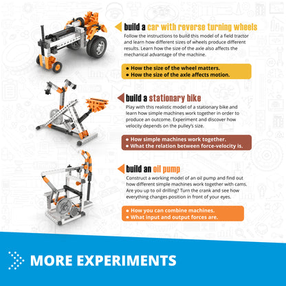 Engino Simple Machines building set with orange and gray pieces showing car, bike, and oil pump models