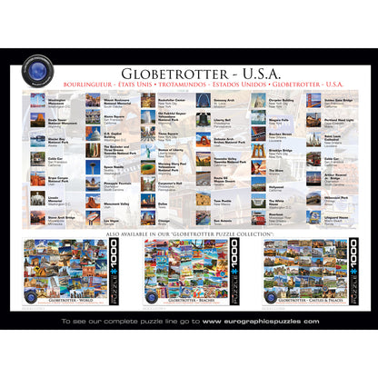 Eurographics Globetrotter USA 1000 piece jigsaw puzzle featuring iconic American landmarks and travel destinations co...