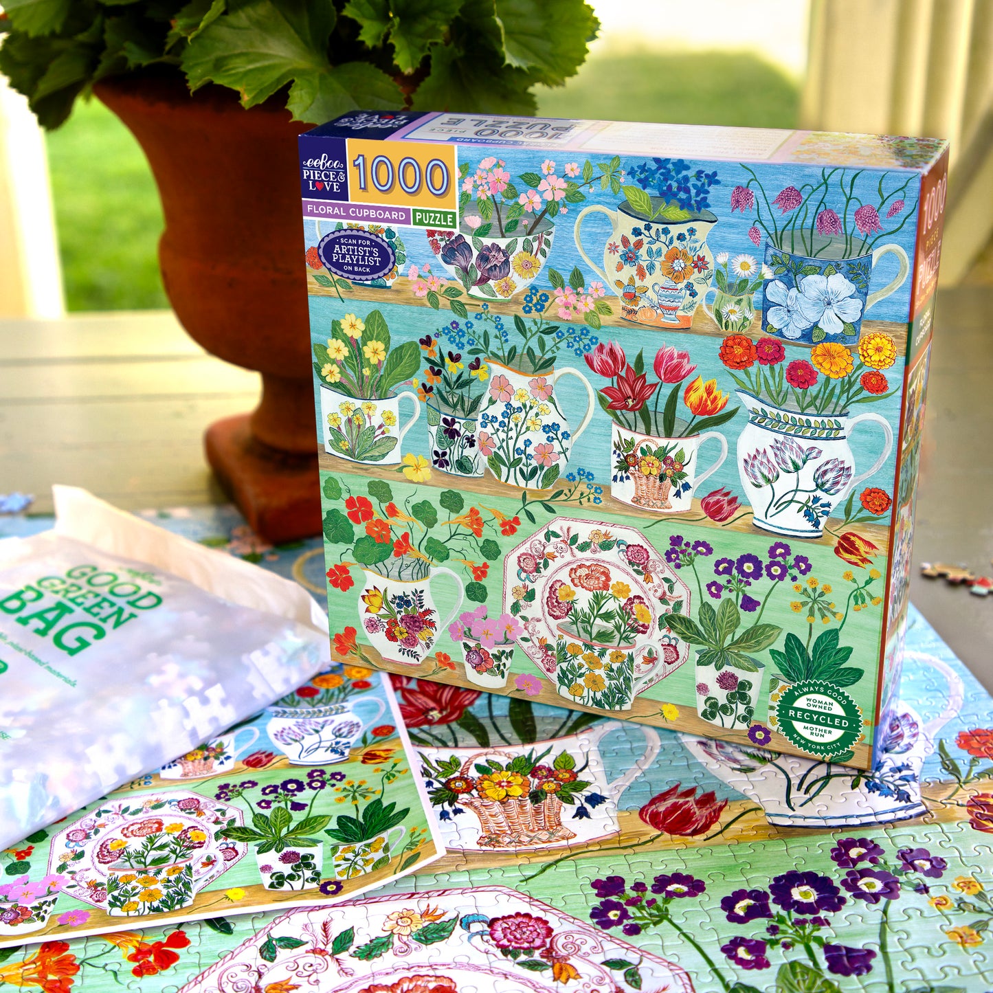 eeBoo Floral Cupboard 1000 piece puzzle box with colorful flower and teacup design
