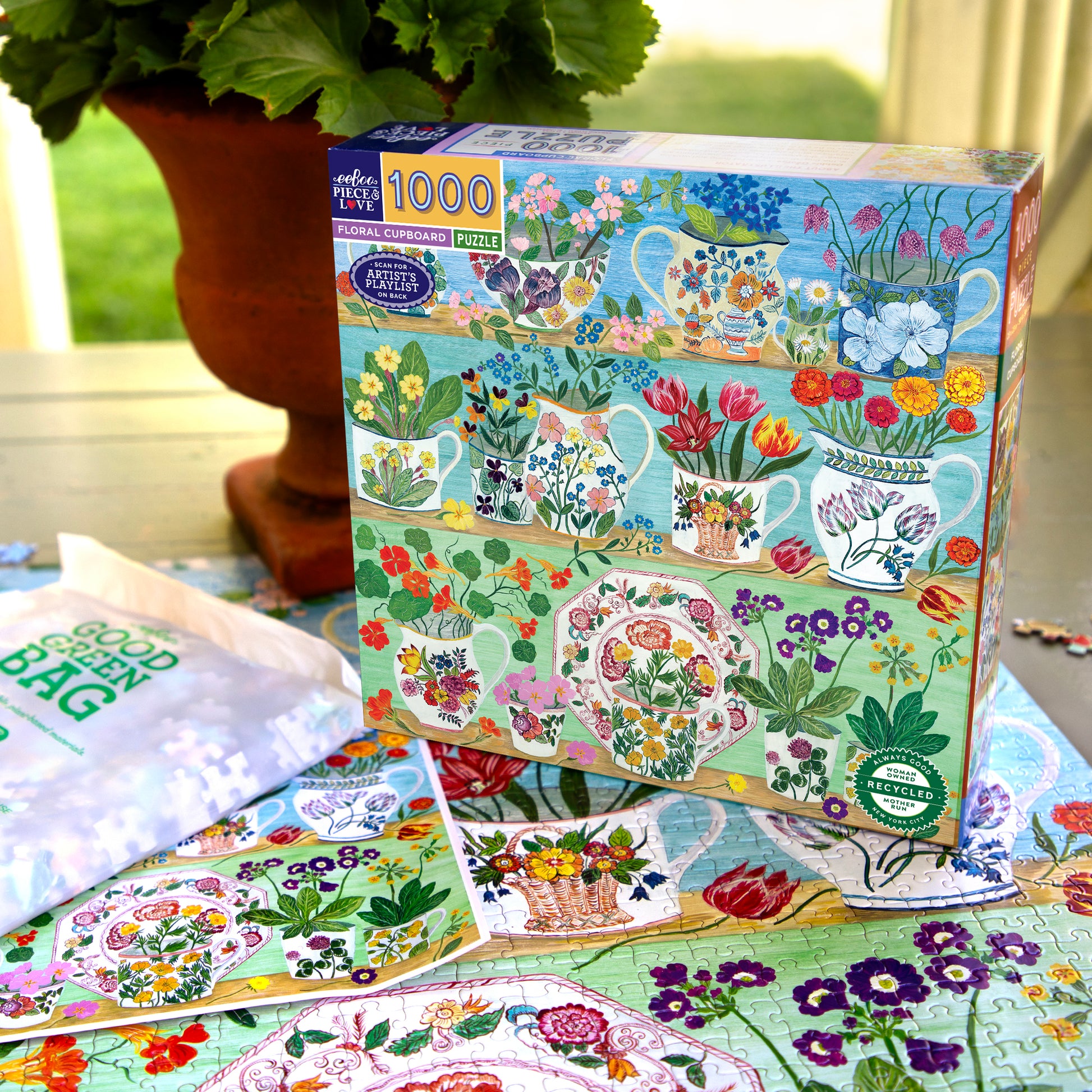eeBoo Floral Cupboard 1000 piece puzzle box with colorful flower and teacup design