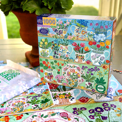 eeBoo Floral Cupboard 1000 piece puzzle box with colorful flower and teacup design