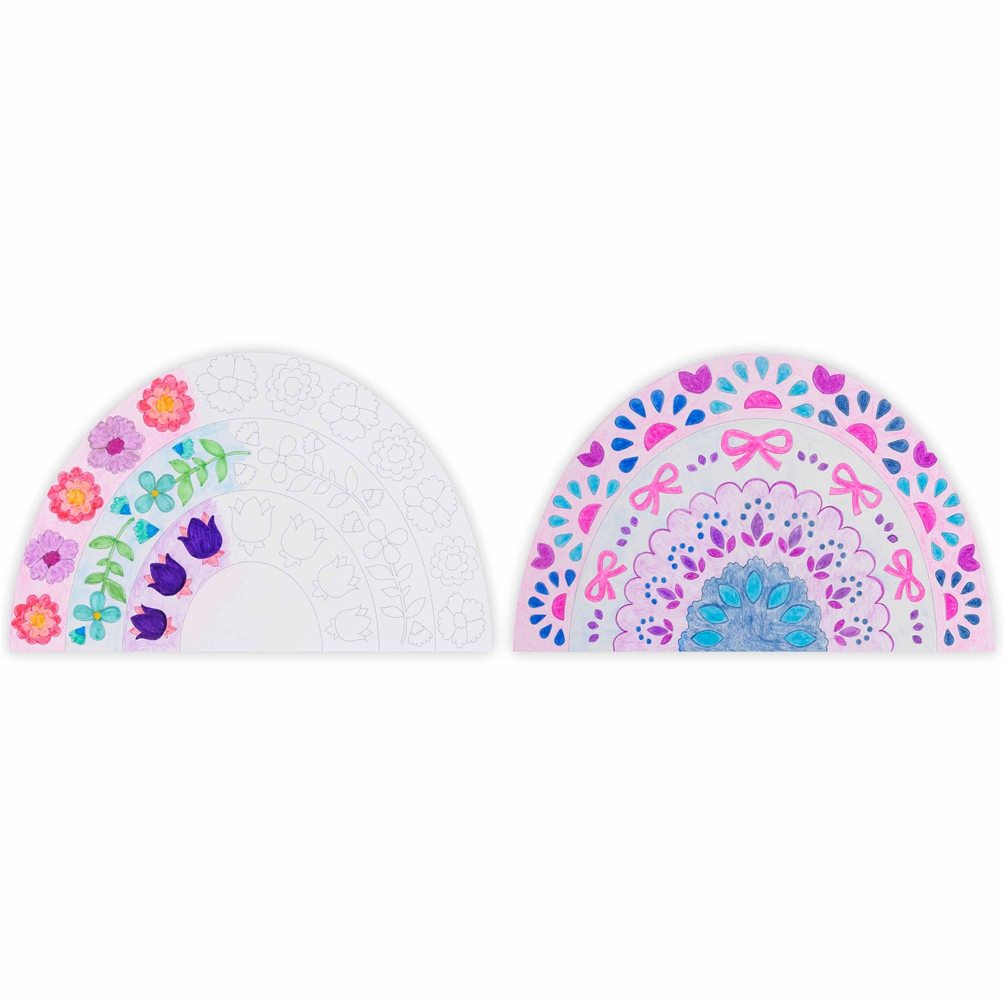 Mixed Media Coloring Pad with rainbow-themed sheets showing before and after designs in pink, purple, and blue