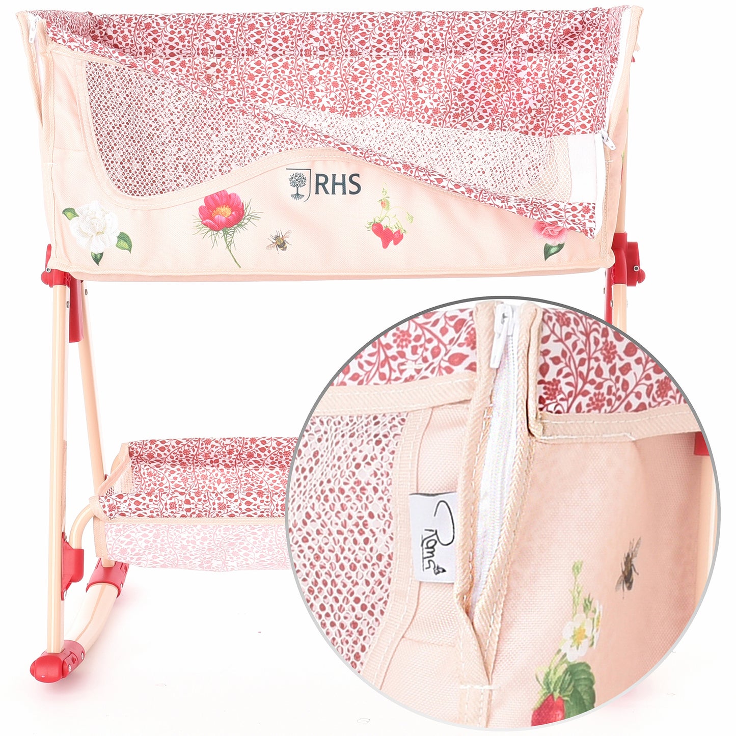 Roma RHS Bedside Crib Flora with pink floral bedding and mesh sides