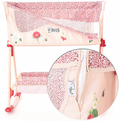 Roma RHS Bedside Crib Flora with pink floral bedding and mesh sides