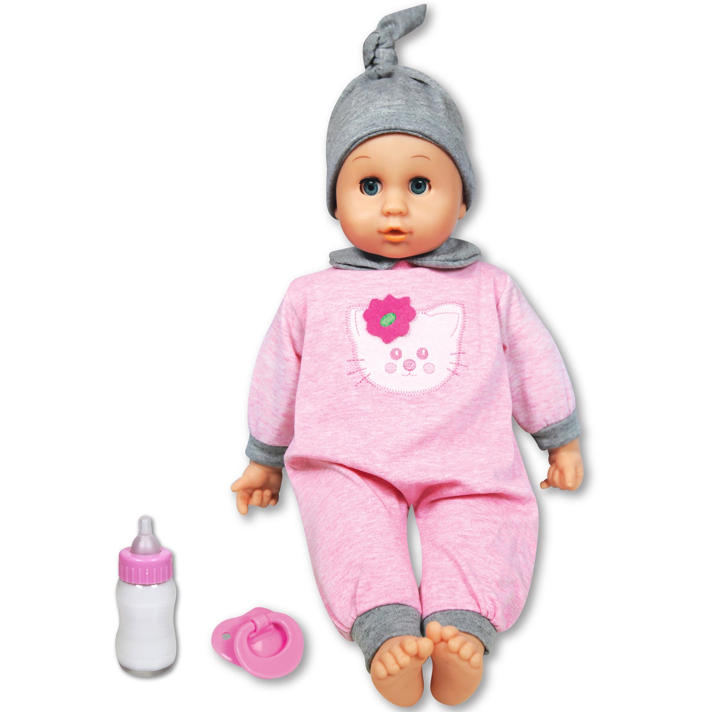 Baby doll with blue eyes wearing pink outfit with cat face design and gray knit hat, shown with included bottle and pacifier accessories