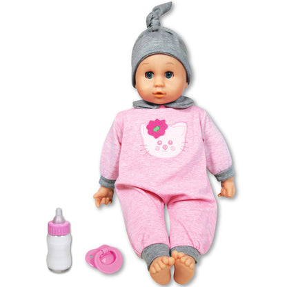 Baby doll with blue eyes wearing pink outfit with cat face design and gray knit hat, shown with included bottle and pacifier accessories