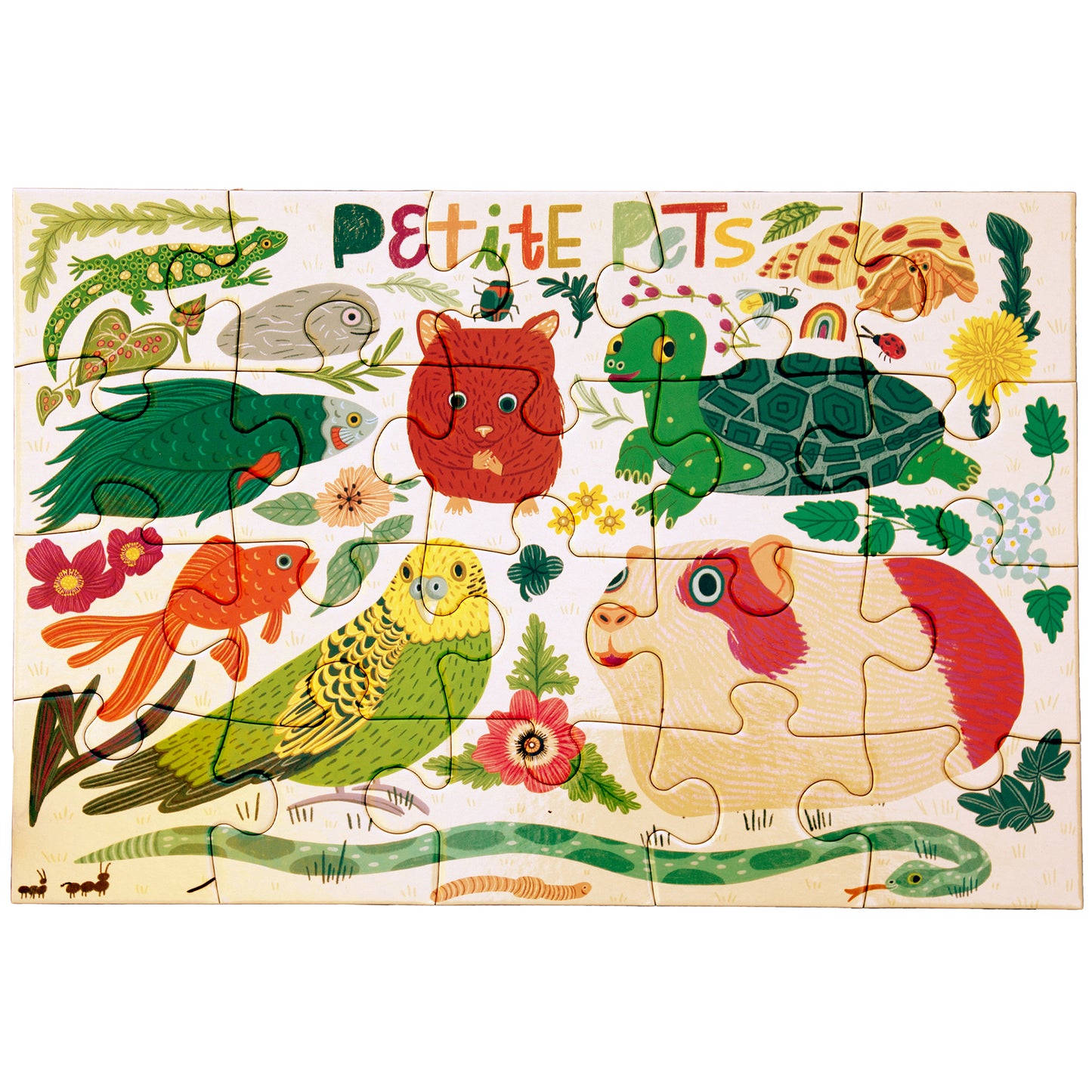 Petite Pets 20 Piece Puzzle featuring colorful animals including cat, turtle, fish, and parrot
