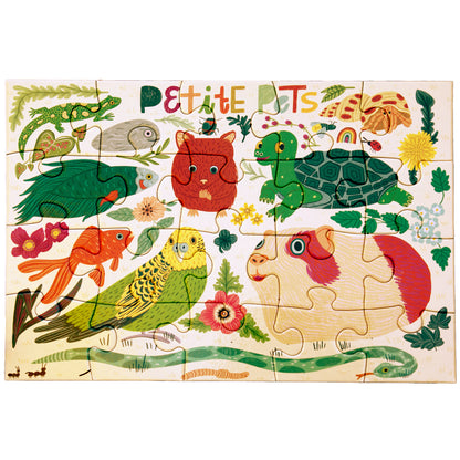 Petite Pets 20 Piece Puzzle featuring colorful animals including cat, turtle, fish, and parrot