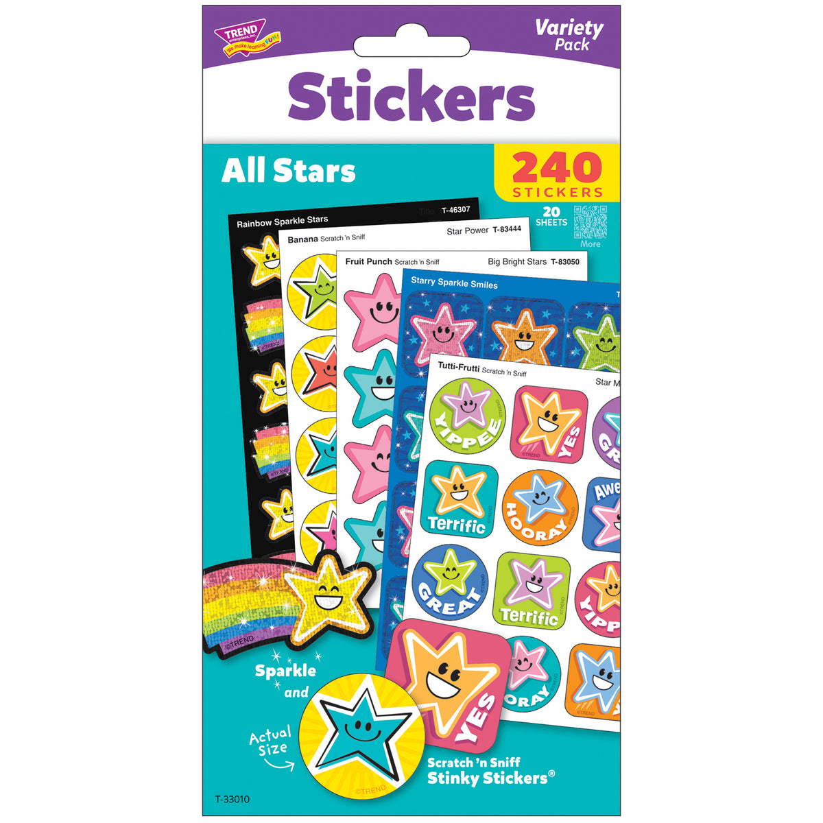 TREND Scratch 'N Sniff All Stars sticker variety pack with 240 scented stickers across 40 sheets, featuring rainbow sparkle stars, banana, fruit punch, and othe
