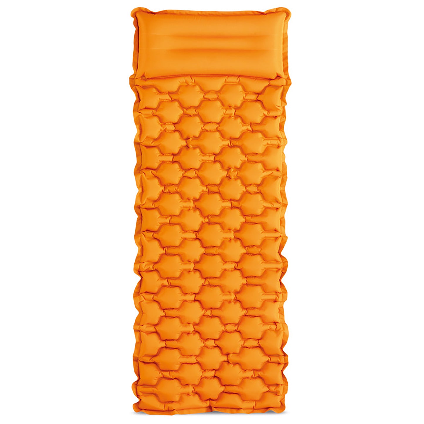 Orange inflatable sleeping pad with built-in pillow and quilted star pattern design