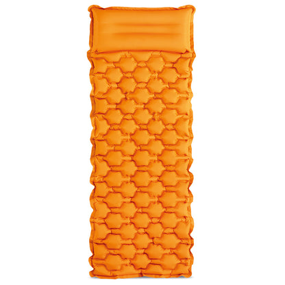 Orange inflatable sleeping pad with built-in pillow and quilted star pattern design