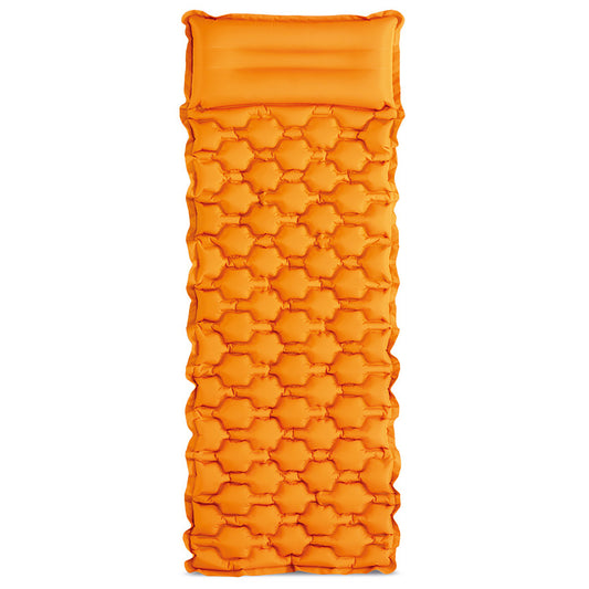 Orange inflatable sleeping pad with built-in pillow and quilted star pattern design