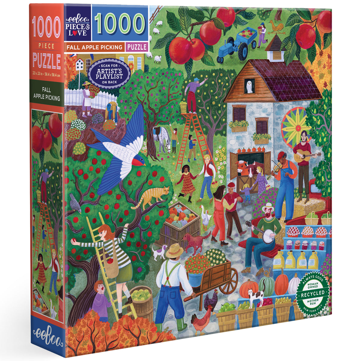 eeBoo Fall Apple Picking 1000 Piece Jigsaw Puzzle with colorful autumn orchard scene
