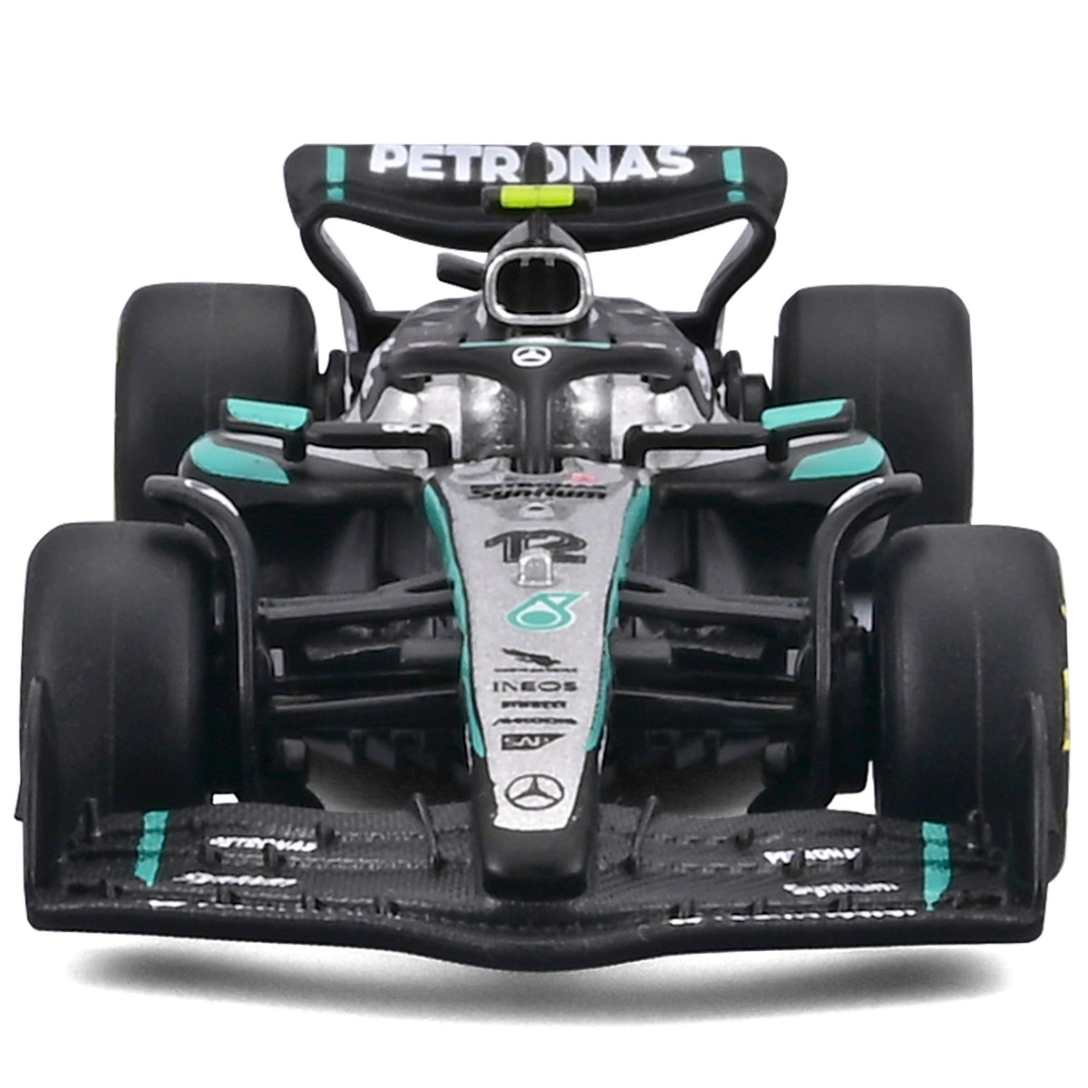 Bburago 1:64 Mercedes W16 diecast Formula racing car in black, white and turquoise with George Russell branding on di...