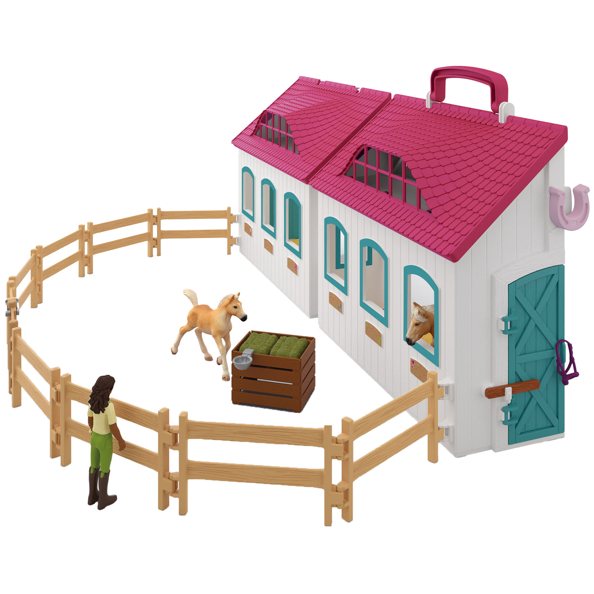 Horse Club Open Stable Little Horseshoe playset with pink roof, white stable, teal doors, tan fencing, horse figure, ...