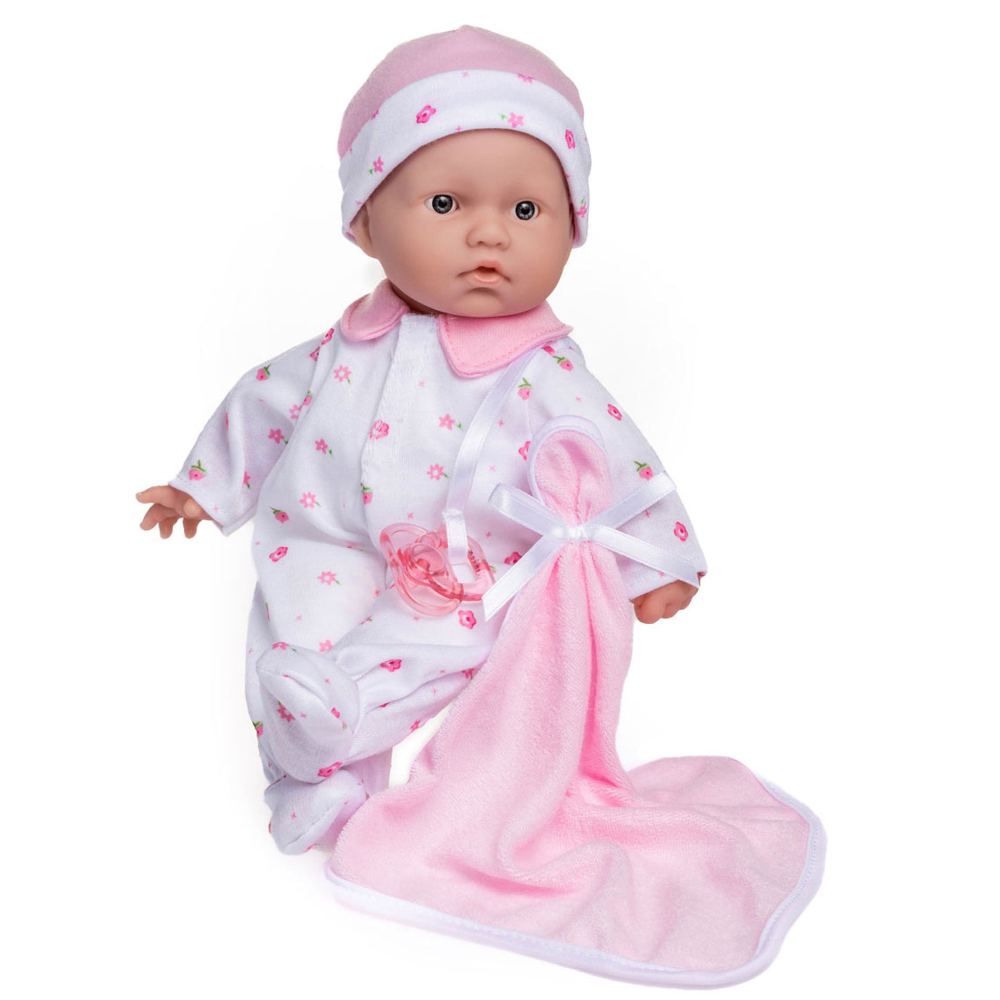 JC Toys La Baby 11 inch soft body doll with pink floral outfit, headband, blanket and pacifier