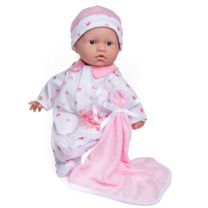 JC Toys La Baby 11 inch soft body doll with pink floral outfit, headband, blanket and pacifier