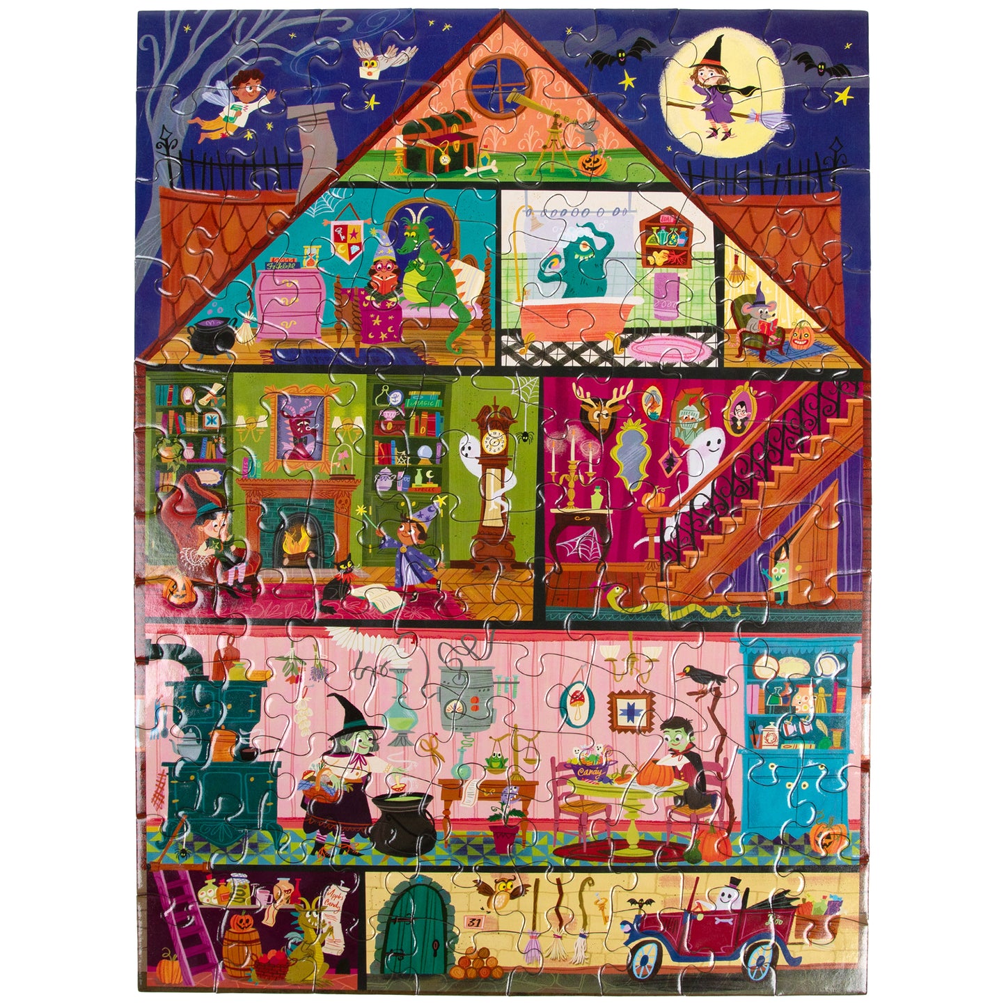 eeBoo Haunted House 100 Piece Puzzle featuring colorful Halloween scenes with witches and ghosts