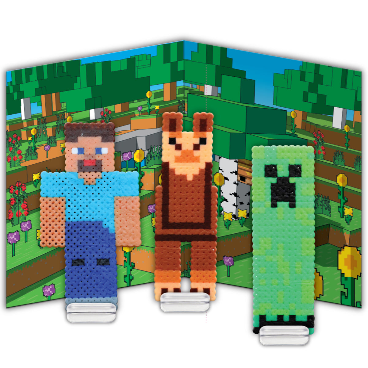 Minecraft Deluxe Fuse Bead Pixel Art Craft Kit with three completed character designs and playscene backdrop