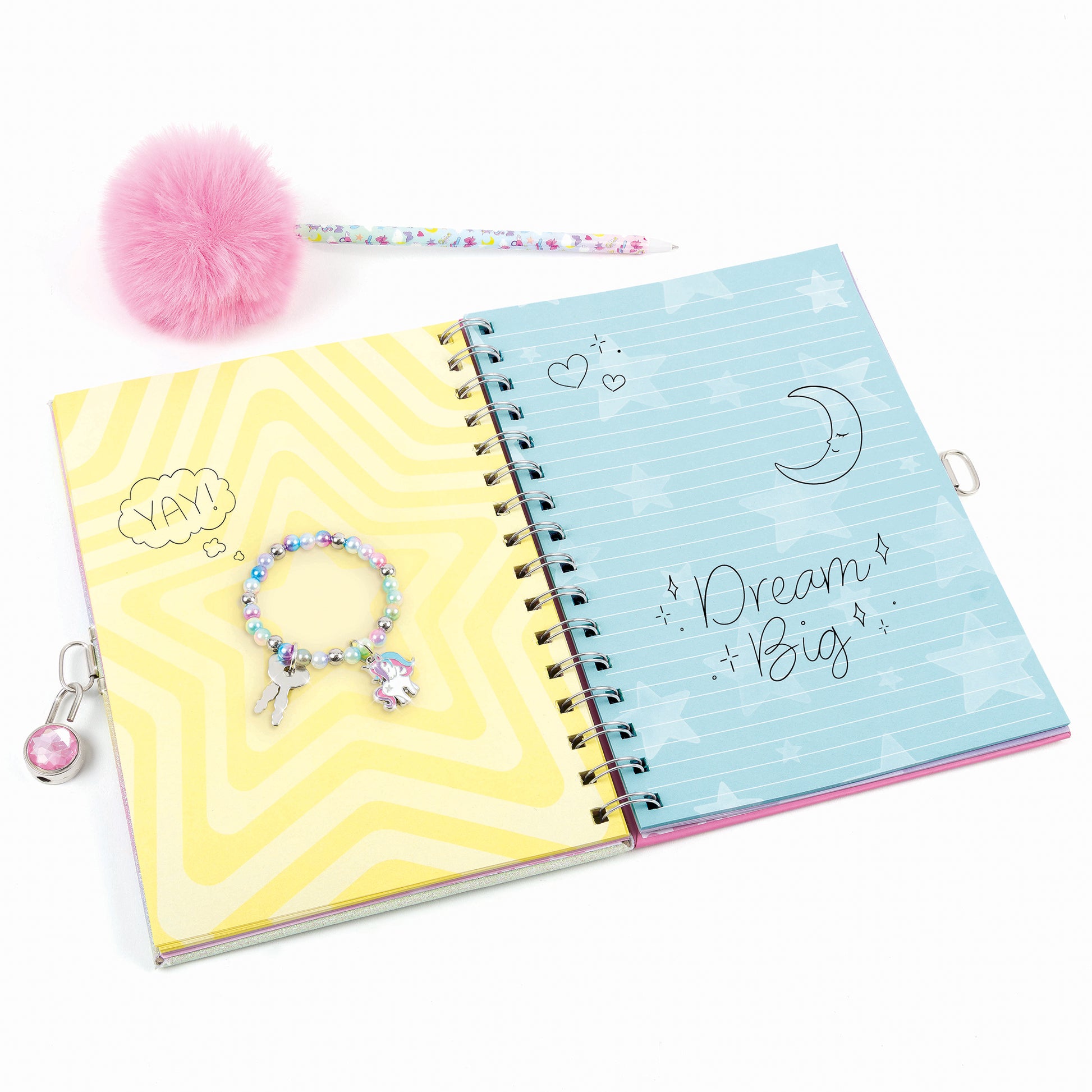 Glimmer & Glow Unicorn Locking Journal Set with pink pom pom pen, beaded bracelet, and spiral-bound diary