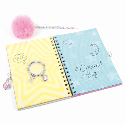 Glimmer & Glow Unicorn Locking Journal Set with pink pom pom pen, beaded bracelet, and spiral-bound diary
