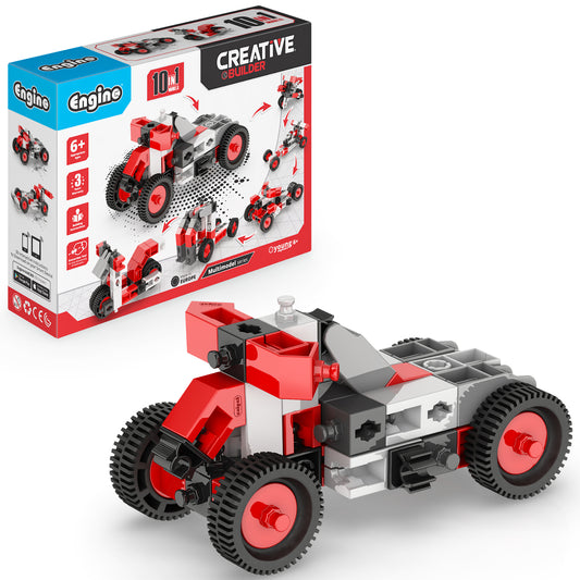 Engino Creative Builder 10-in-1 red and white vehicle building set with motorcycle model displayed