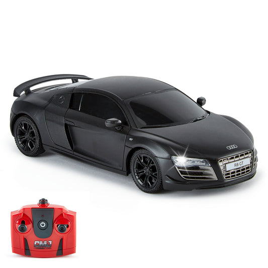 Black Audi R8 GT remote control car with open door, LED headlights, and carbon fiber details, displayed with red CMJ remote control on plain background