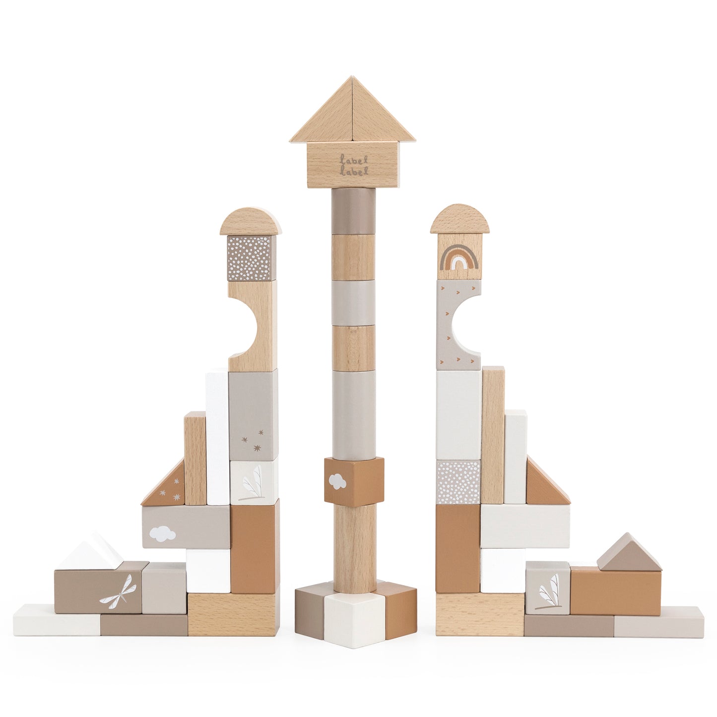 50-piece wooden building blocks in natural wood, white, tan, and gray with decorative details including clouds, rainbows, and patterns, stacked into two tall to
